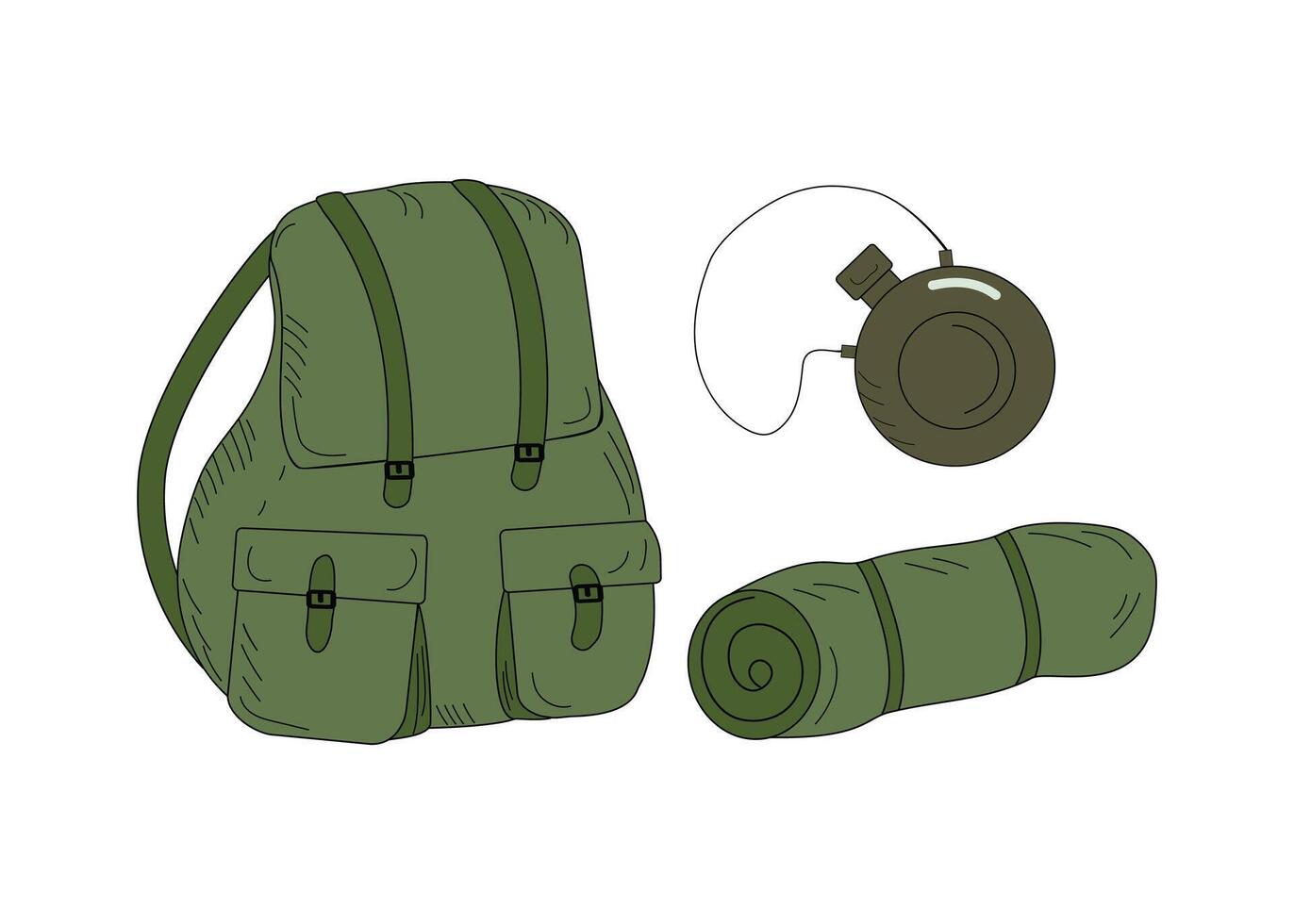 camping ensemble pour le amateur touristique. sac à dos avec en train de dormir tapis et l'eau ballon. griffonnage dessins. militaire style. plat vecteur illustration pour voyage, randonnée, tourisme, vacances.