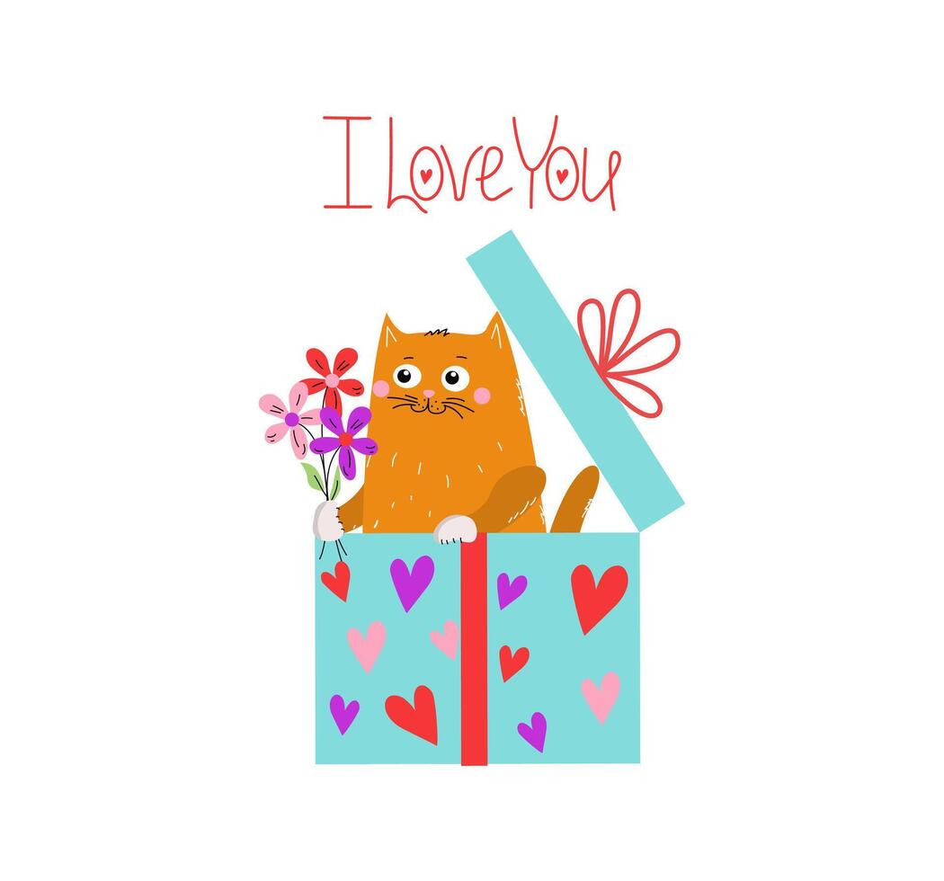 marrant dessin animé chaton avec fleurs dans une cadeau boîte. chat avec une bouquet et cœurs. la Saint-Valentin jour, anniversaire. vecteur