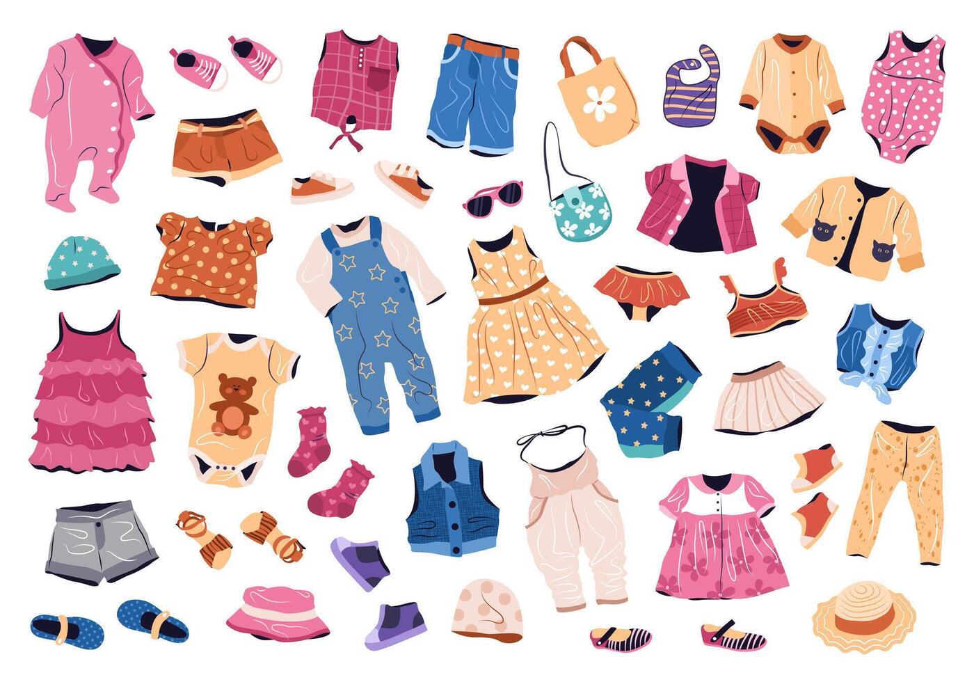 décontractée vêtements ensemble pour enfants. été et printemps mode habits pour garçons et filles. collection de élégant les enfants résistant. isolé plat vecteur des illustrations sur blanc Contexte.