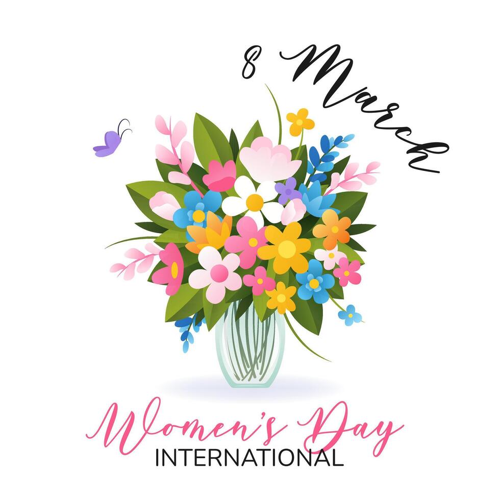 international aux femmes journée. 8 mars. bannière, carte postale avec isolé vase et bouquet de divers printemps fleurs sur blanc Contexte. moderne vecteur conception pour affiche, campagne, social médias poste.