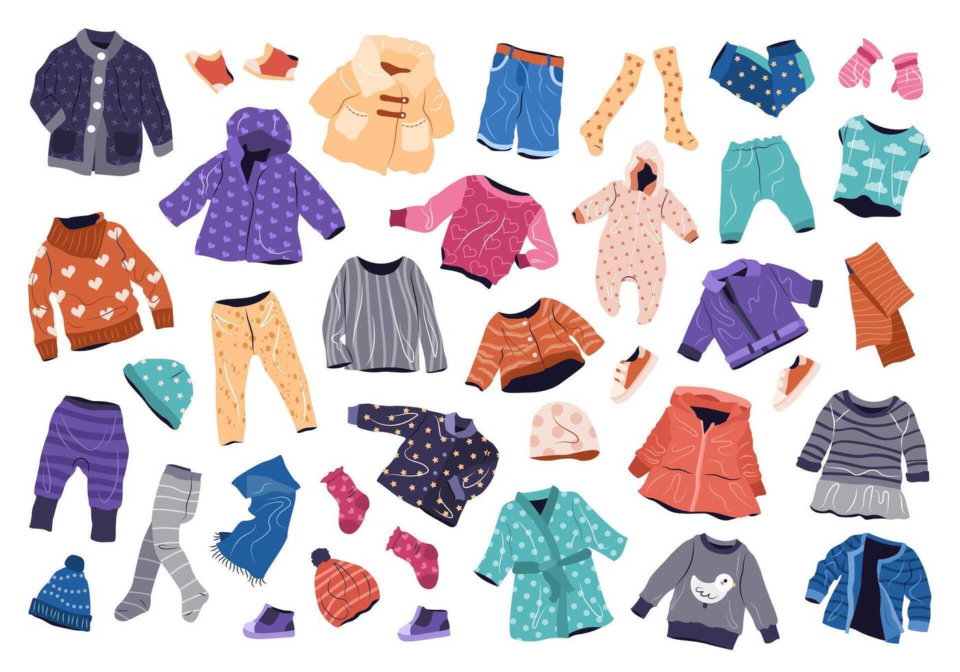 décontractée vêtements ensemble pour enfants. tomber et hiver mode habits pour garçons et filles. collection de élégant les enfants résistant. isolé plat vecteur des illustrations sur blanc Contexte.