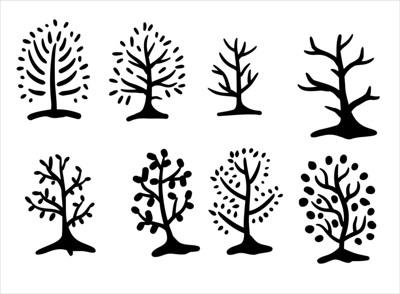 arbre dans linogravure style. Facile gravure sur bois icône. noir minimaliste agriculture plante. plat ferme biologique jardin. forêt des bois isolé sur blanc vecteur