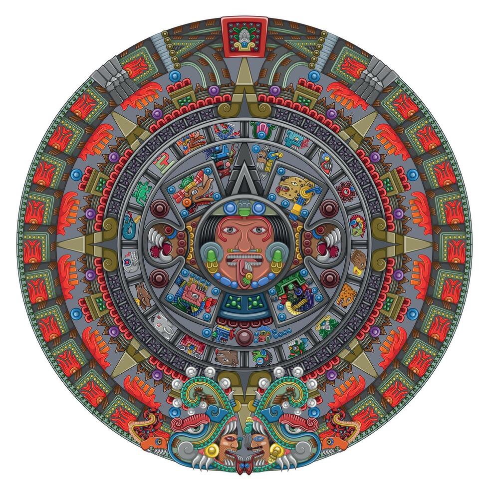 vecteur conception de aztèque calendrier, monolithique disque de le ancien mexicain, Soleil pierre de le aztèque civilisation
