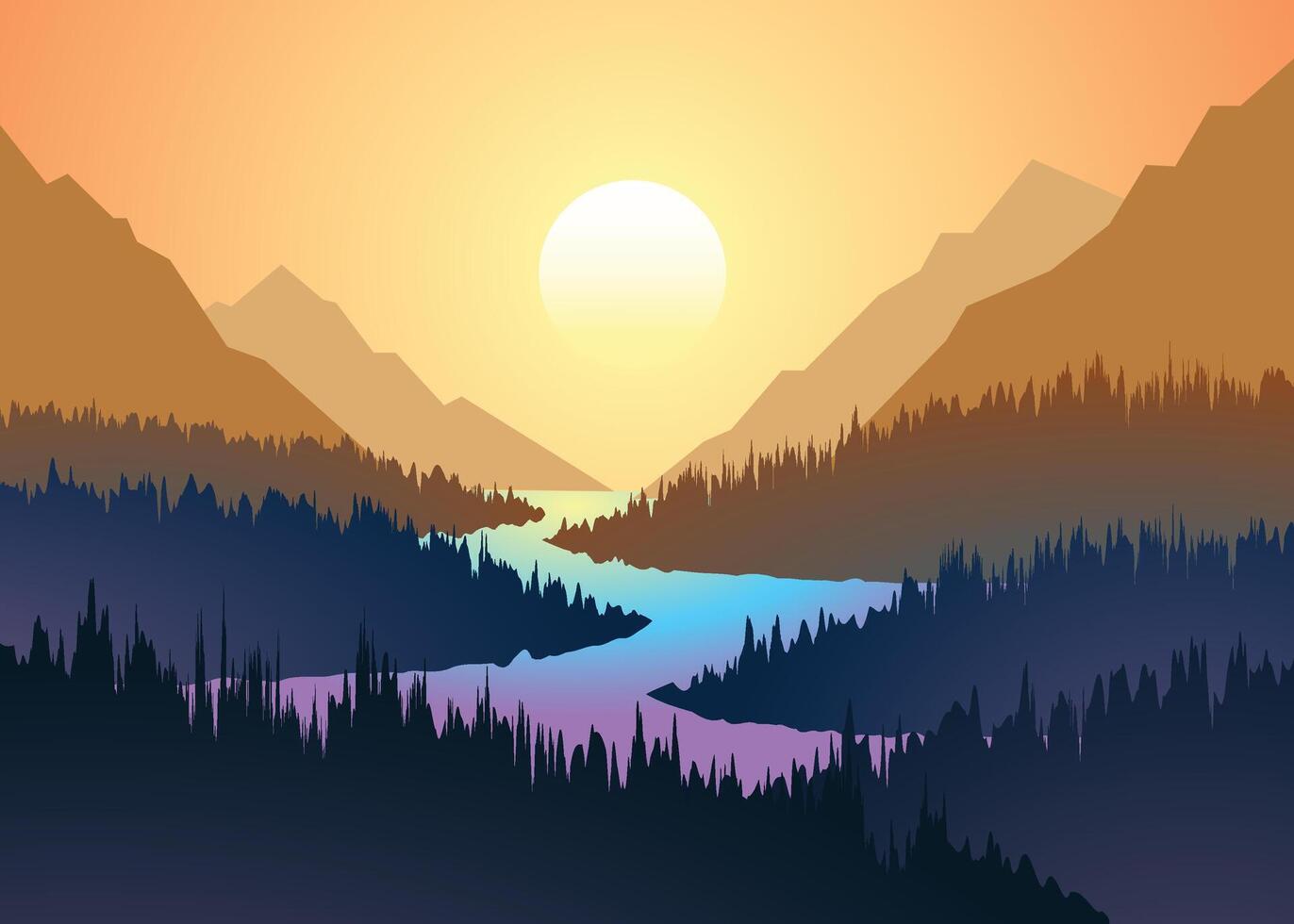 magnifique dessin animé fantaisie paysage avec le coucher du soleil ou lever du soleil Montagne intervalle du froid Matin brouillard dans le Montagne sommet vecteur