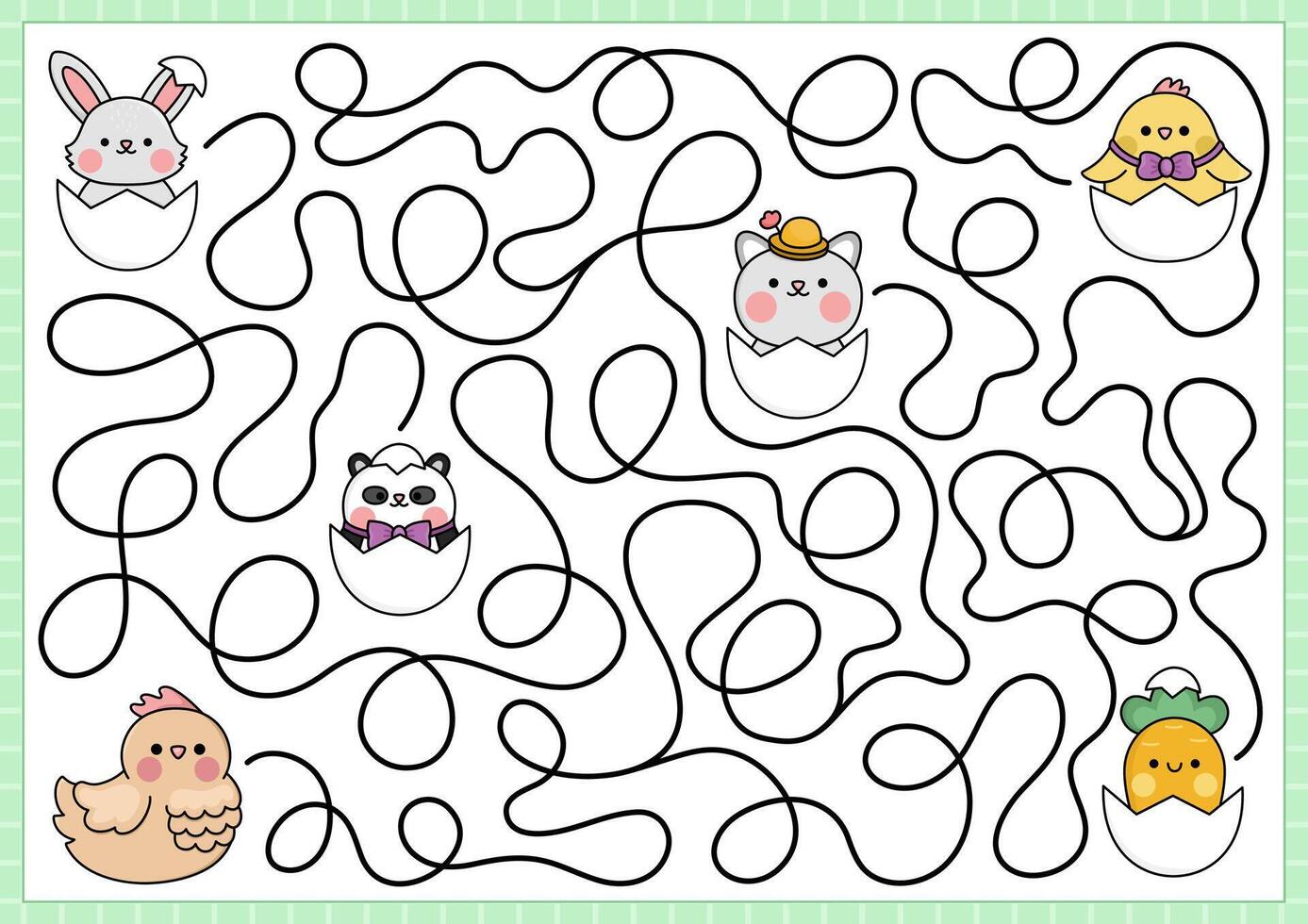 Pâques Labyrinthe pour enfants. printemps vacances préscolaire imprimable activité avec kawaii poule recherche pour poussin. jardin labyrinthe Jeu ou puzzle avec mignonne personnages cache dans œufs, chat, carotte, Panda, lapin vecteur