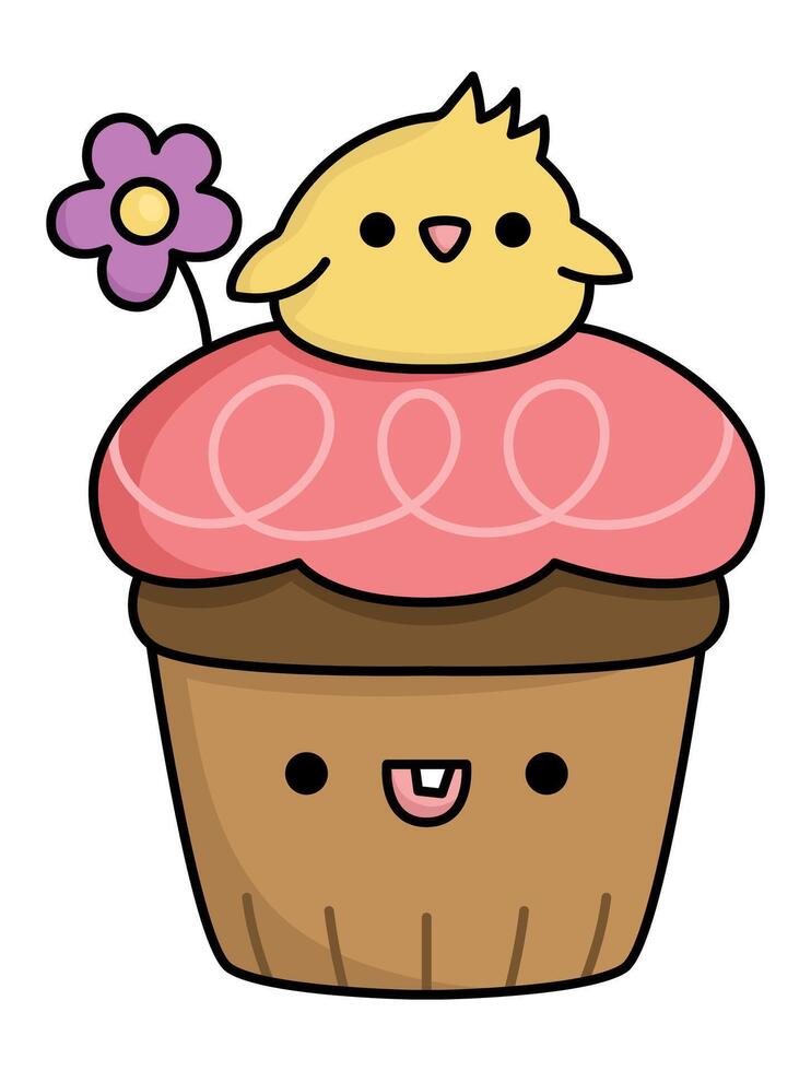 vecteur Pâques petit gâteau pour enfants. mignonne kawaii Chocolat tasse gâteau avec rose glaçage, fleur et poussin sur Haut. marrant dessin animé personnage. traditionnel printemps vacances dessert illustration