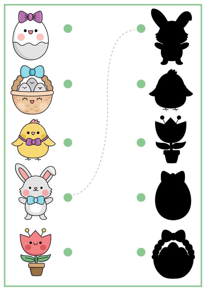 Pâques ombre correspondant à activité avec traditionnel personnages. printemps vacances forme reconnaissance puzzle avec mignonne kawaii animaux. trouver correct silhouette imprimable feuille de travail. jardin page pour des gamins vecteur