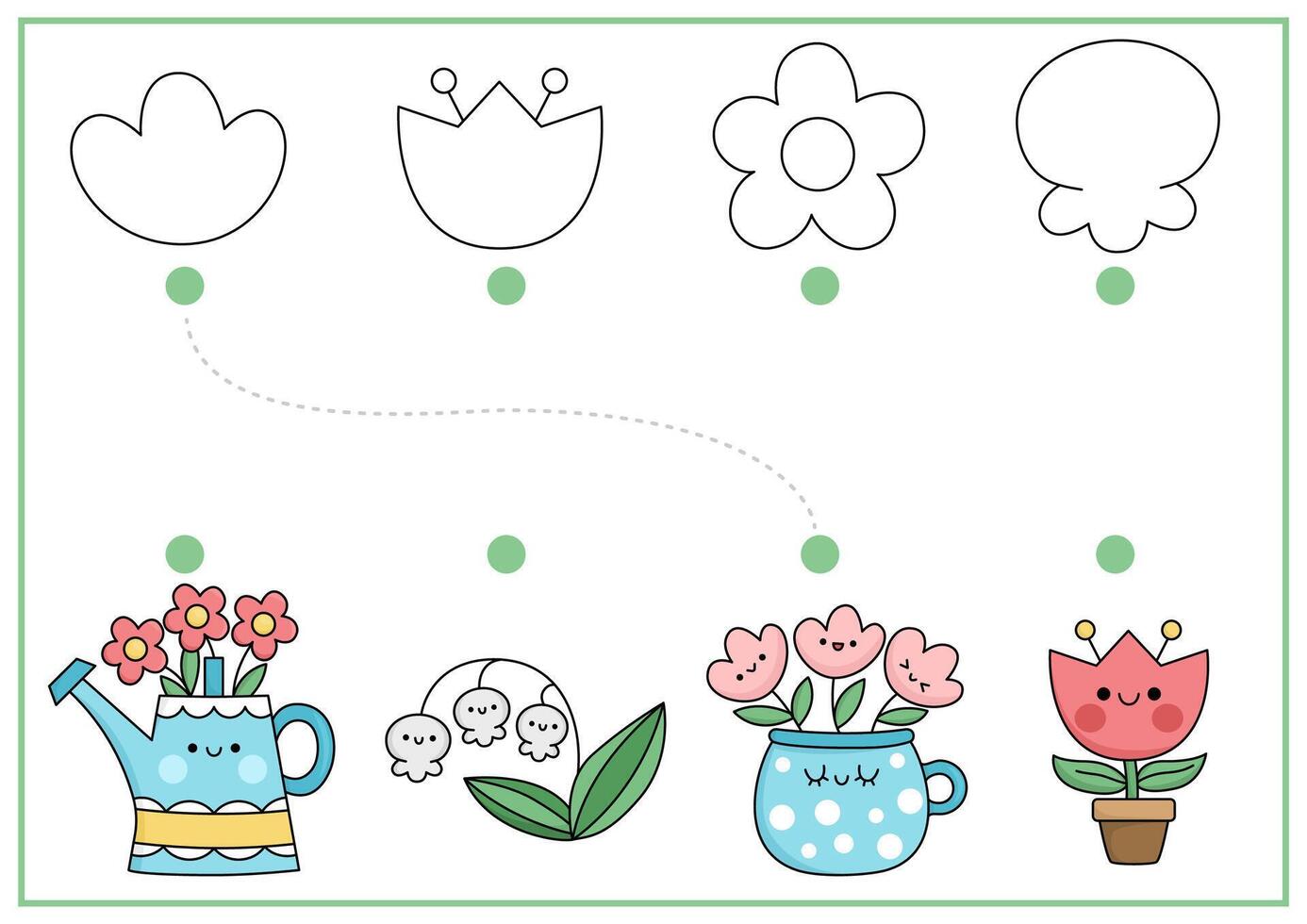 Pâques forme reconnaissance activité. printemps vacances correspondant à puzzle avec mignonne kawaii fleurs. trouver correct silhouette imprimable feuille de travail. jardin page pour des gamins avec tulipe, arrosage pouvez vecteur