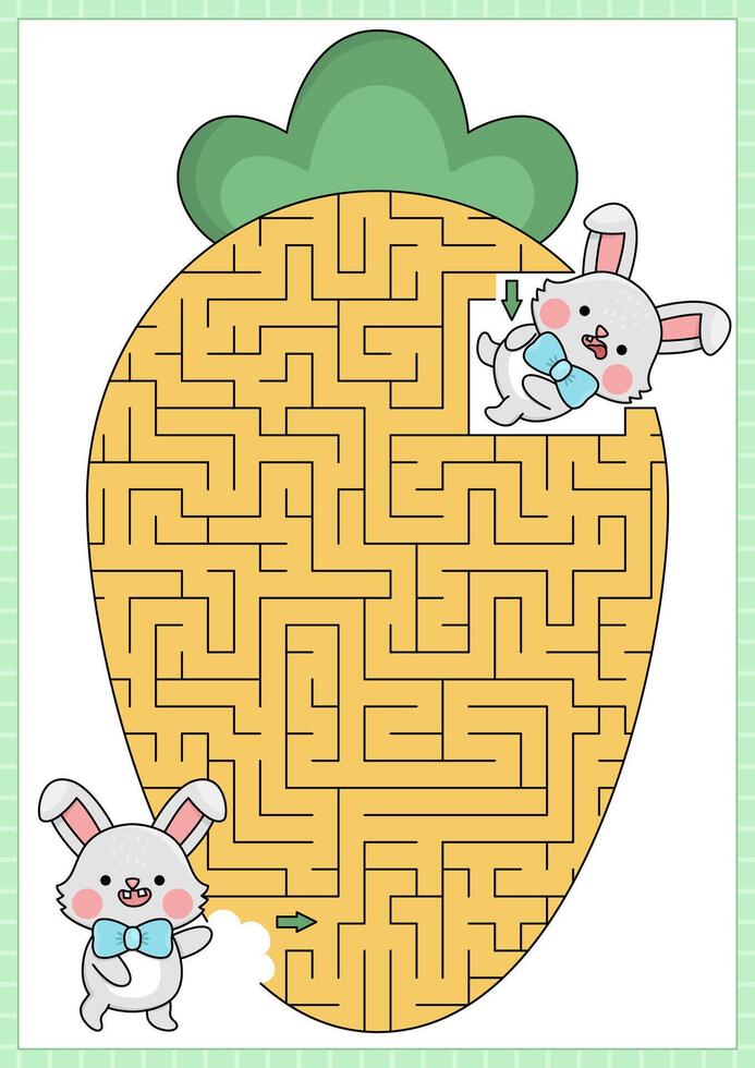 Pâques Labyrinthe pour enfants. printemps vacances préscolaire imprimable activité avec kawaii lapin en mangeant gros carotte. géométrique labyrinthe Jeu ou puzzle avec mignonne personnage, traditionnel légume vecteur