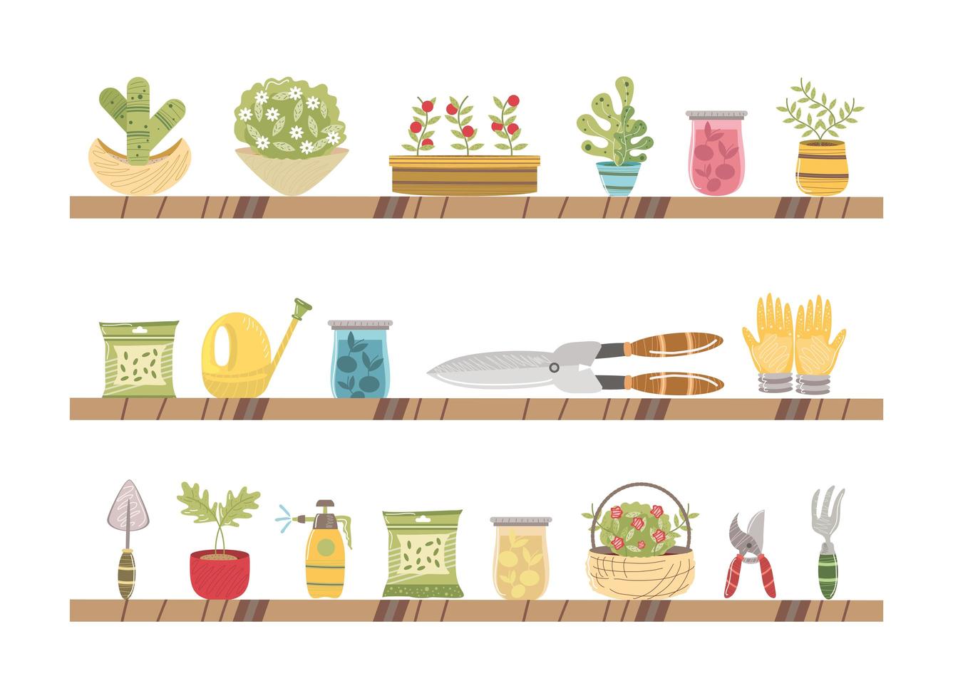 étagères avec outils de jardinage plantes fleurs vecteur