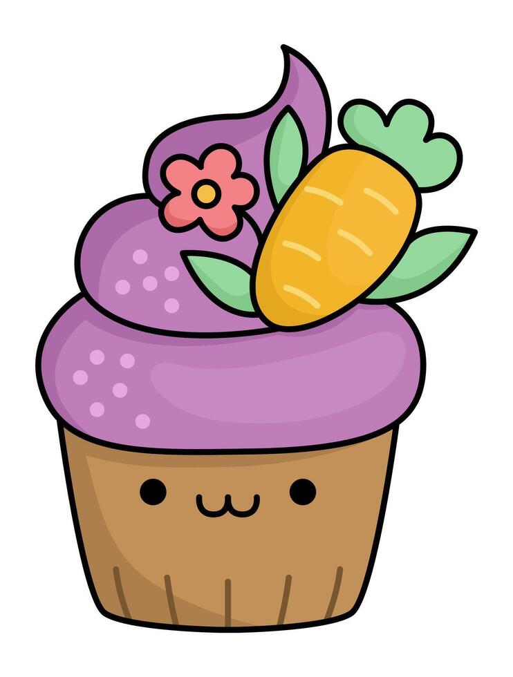 vecteur Pâques petit gâteau pour enfants. mignonne kawaii tasse gâteau avec violet crème, fleur et carotte. marrant dessin animé personnage. traditionnel printemps vacances dessert illustration