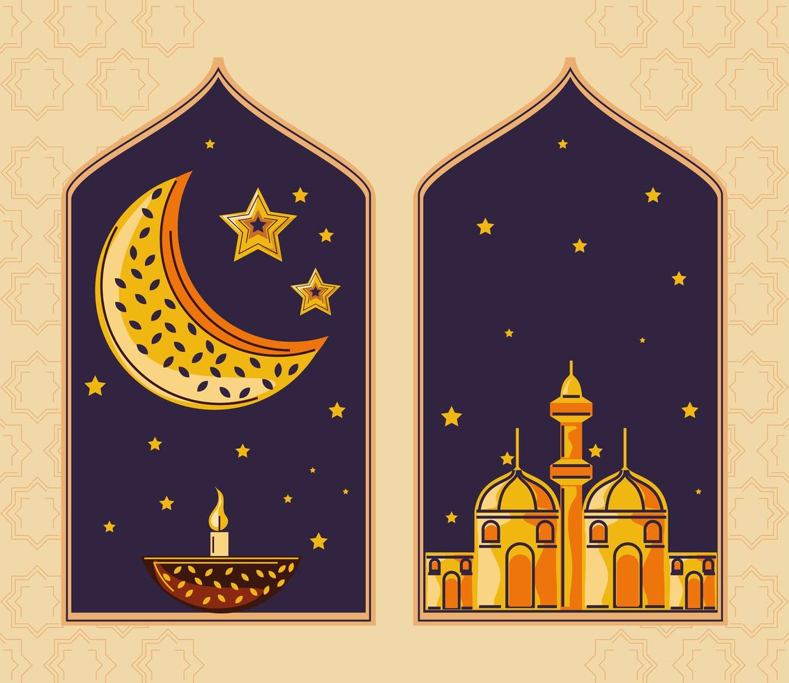 lanterne de lune de la ville islamique du ramadan avec bougie vecteur