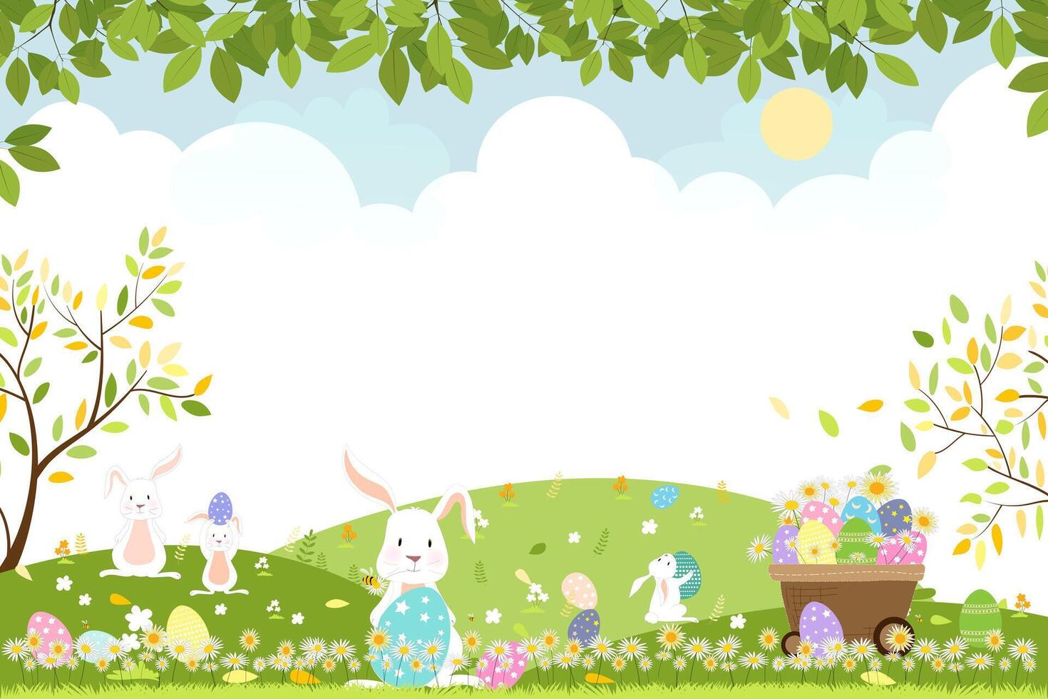 Pâques arrière-plan, printemps champ paysage avec mignonne dessin animé lapin chasse Pâques des œufs dans encadrer champ, vecteur illustration lapins en jouant sur été vert prairie, conception pour carte, invitation, affiche bannière