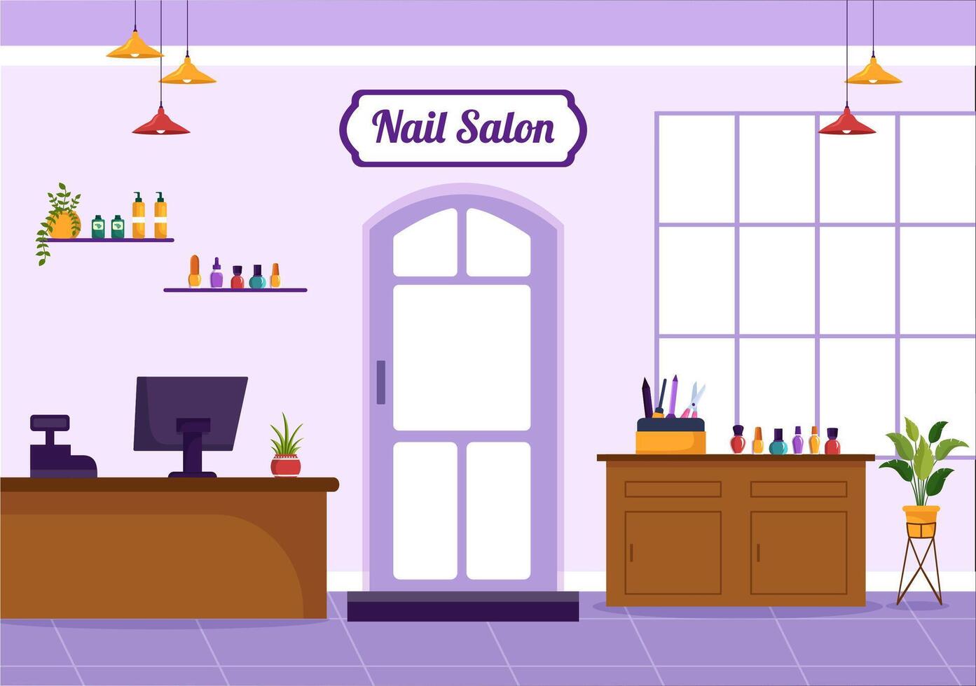 clou polonais salon vecteur illustration avec recevoir de manucure ou pédicure avec outils et accessoires à une Jeune fille concept dans plat Contexte