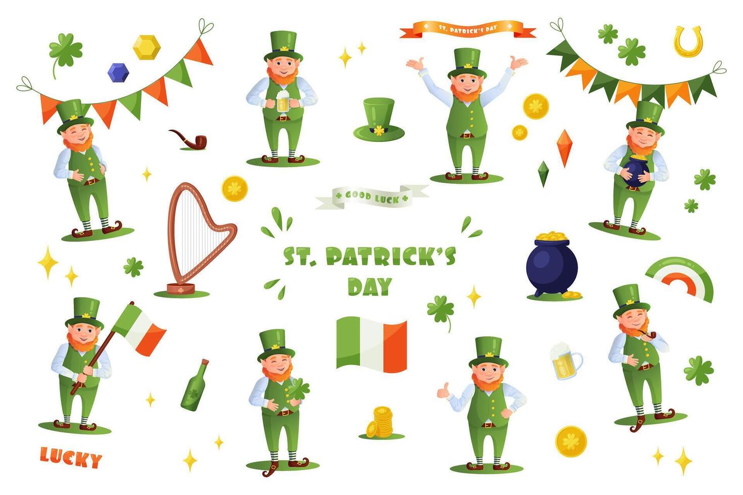 st patricks journée élément ensemble. lutin, bière, ale, arc-en-ciel, or pièces de monnaie, pot de or, guirlande, drapeau de Irlande, trèfle, trèfle. dessin animé style vecteur illustration ensemble.