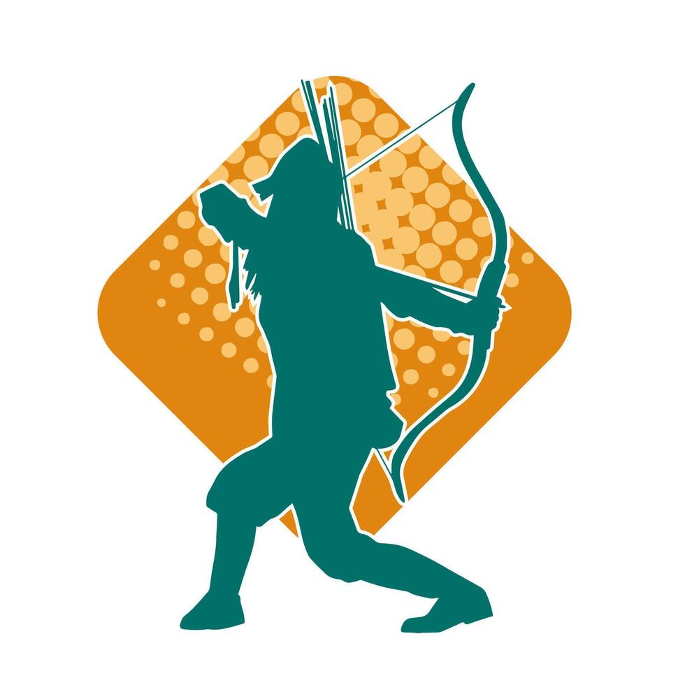 silhouette de une femelle archer combattant dans action pose avec sa La Flèche et arc. vecteur