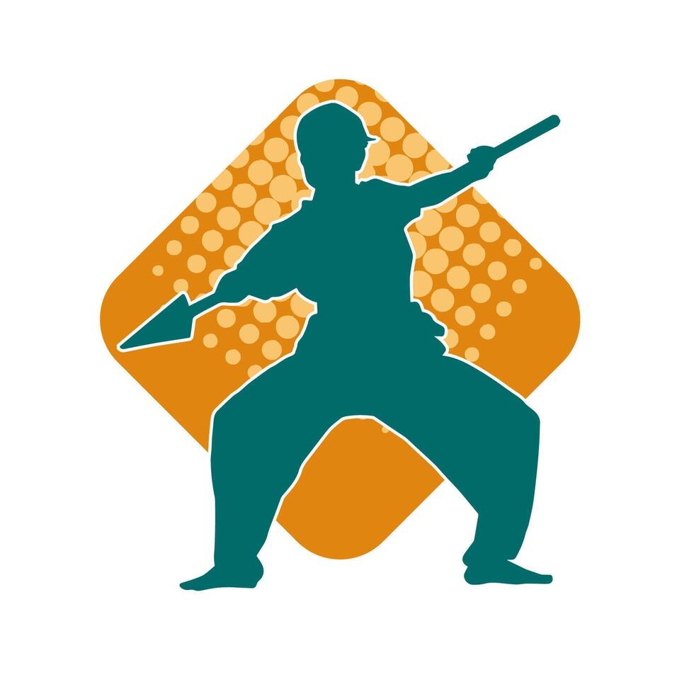silhouette de une wushu martial artiste dans action pose avec une lance arme. silhouette de une combattant porter une lance arme. vecteur
