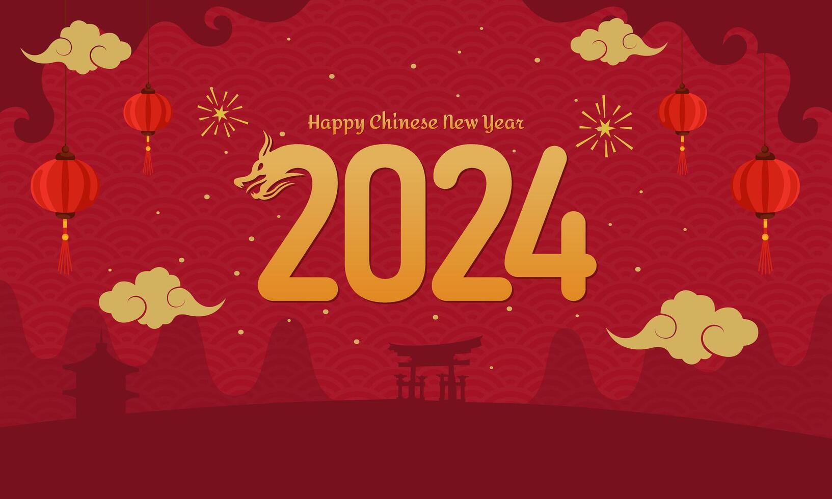 chinois Nouveau année 2024 année de le dragon salutation carte avec pendaison lanternes sur rouge Contexte. adapté pour affiche, carte ou bannière. vecteur