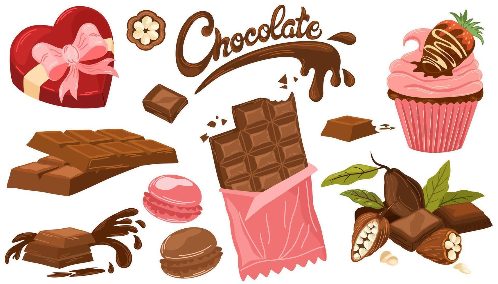 Chocolat ensemble. boîte de bonbons, macaroni, crêpe avec des fraises dans chocolat, cacao des haricots et Chocolat bar. monde Chocolat journée. vecteur plat illustration pour impression, menus, paquets et des produits