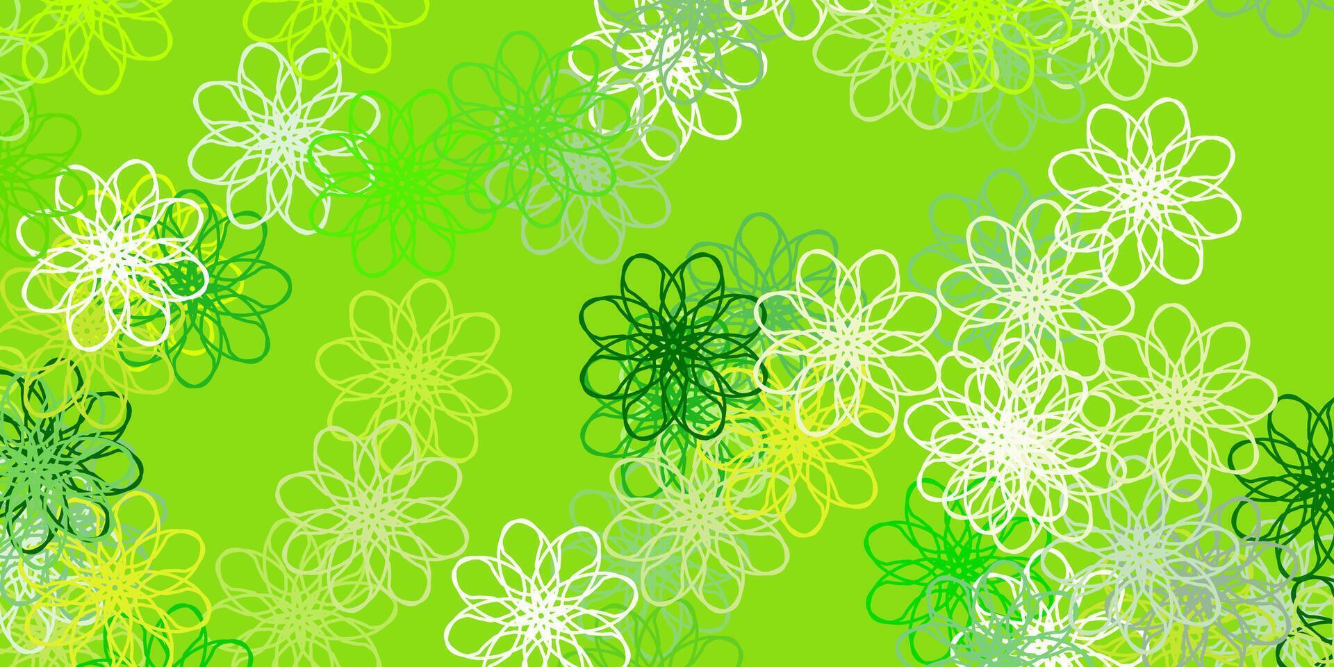 fond de doodle vecteur vert clair, jaune avec des fleurs.