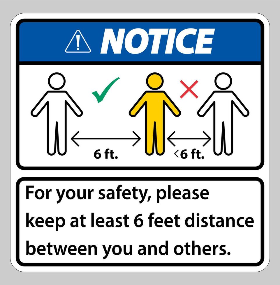 Knotice eep 6 pieds de distance, pour votre sécurité, veuillez garder au moins 6 pieds de distance entre vous et les autres. vecteur