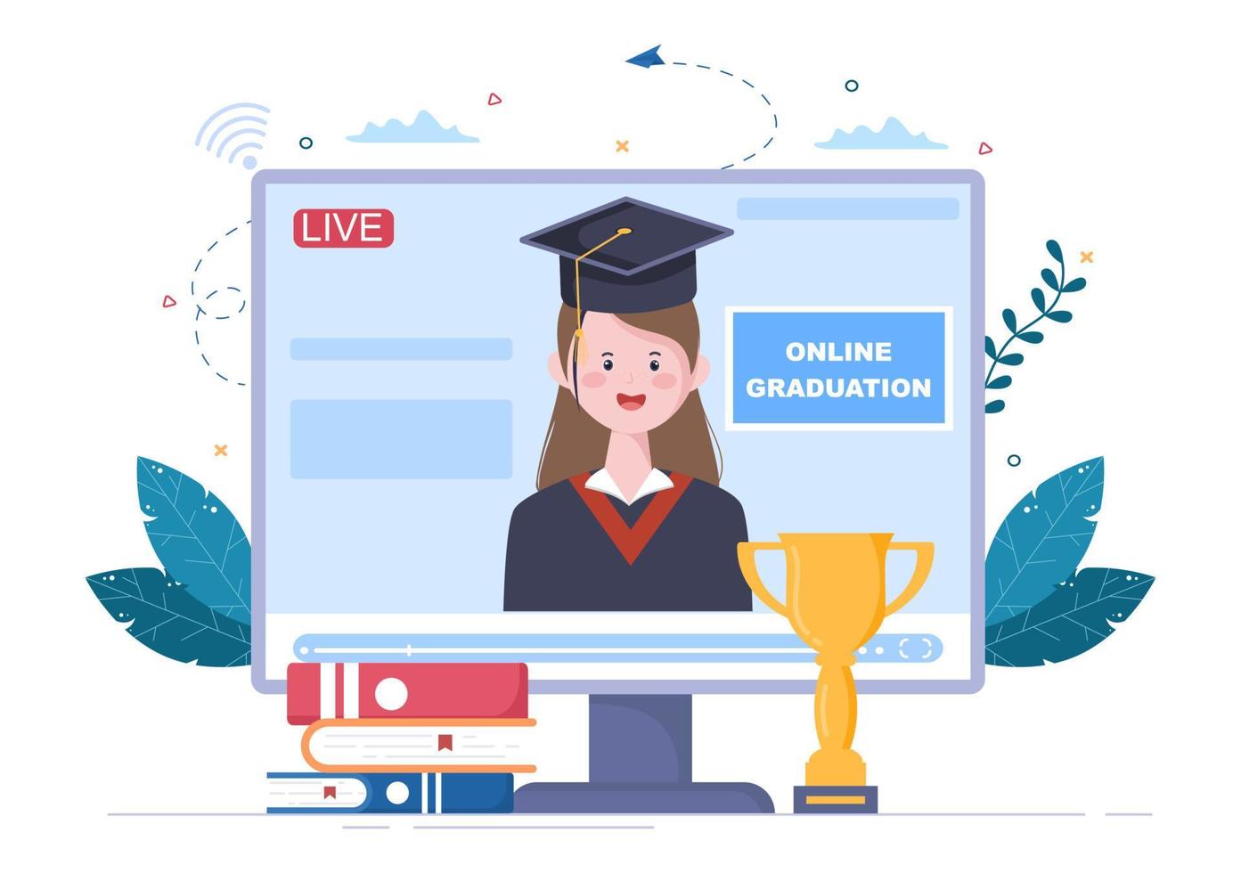 jour de remise des diplômes virtuel en ligne des étudiants célébrant l'illustration vectorielle de fond portant une robe académique, une casquette de diplômé et titulaire d'un diplôme en communication par vidéo vecteur