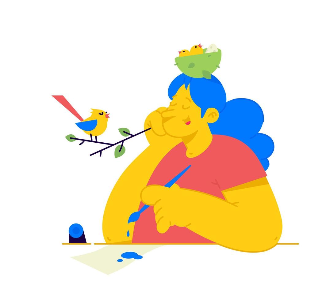 illustration d'une fille avec un nid de poussins sur la tête. vecteur. une femme écoute le chant des oiseaux pour s'en inspirer. métaphore, souci de la nature et des enfants. oiseau de dessin animé sur une branche chante des chansons. vecteur