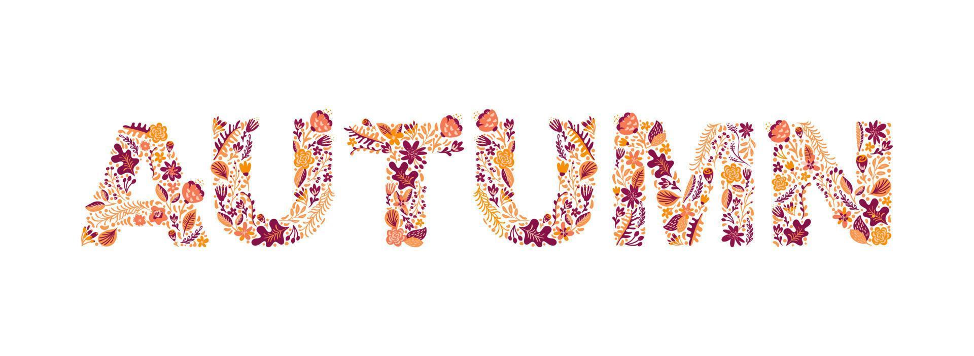texte vectoriel automne avec herbe de fleur, décoration de feuille. conception de modèles de logos, timbres, badges, étiquettes silhouette encre orange, texture grunge rouge