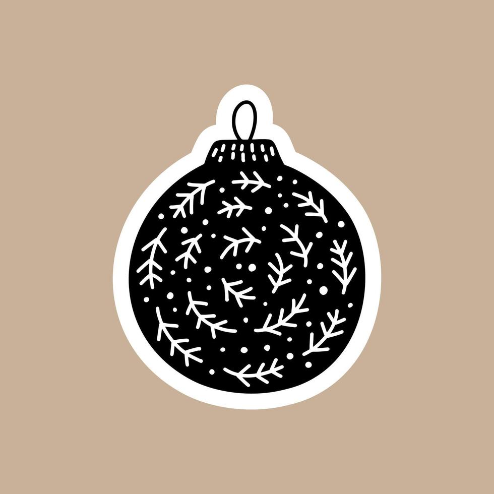 autocollant de vecteur noir de noël avec boule de noël mignon et drôle. personnage de badge scandinave dessiné à la main pour ordinateur portable, scrapbook ou planificateur. illustration isolé graphique plat