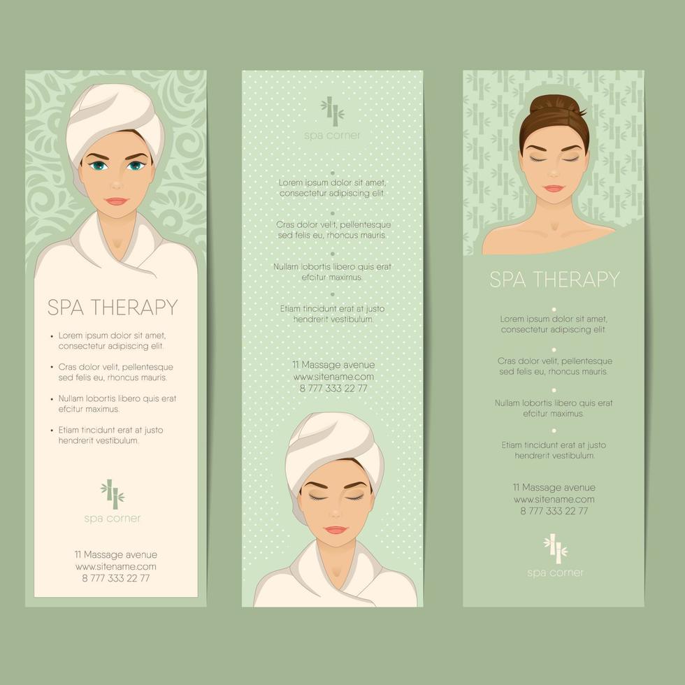 concept de soins de beauté, massage, détente et thérapie spa. avec portrait de belle fille en peignoir, serviette sur la tête. vecteur