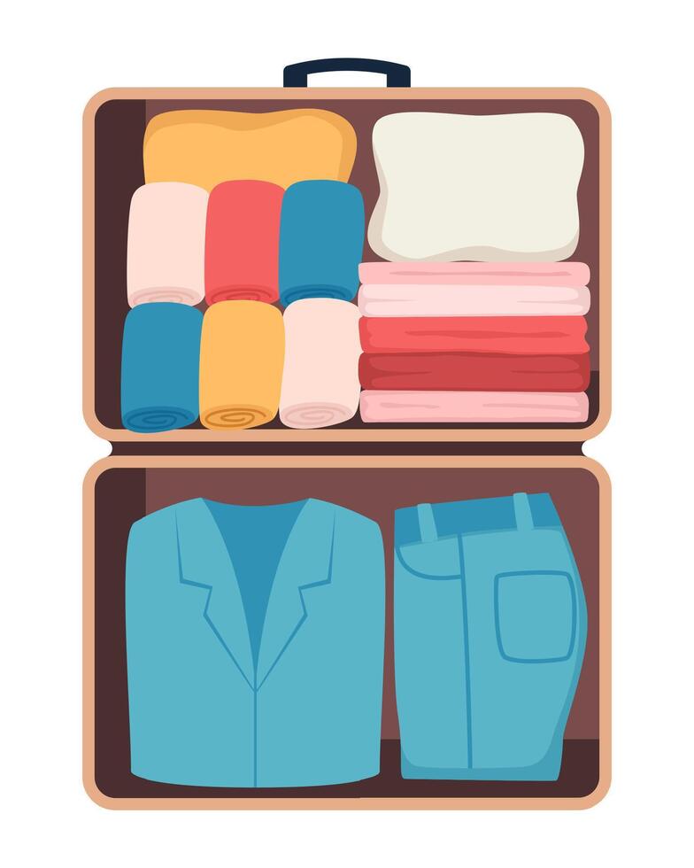 valise avec emballé vêtements pour Voyage dans Haut voir. vêtements, chaussure et accessoires. personnel affaires dans bagage, Aller sur vacances, périple ou affaires voyage. vecteur illustration.