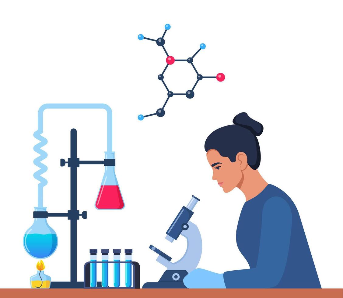 scientifique dans chimie laboratoire travail sur recherche et exploration. flacons, flacons, tester tubes avec substance. laboratoire recherche, essai, études dans chimie. vecteur illustration.