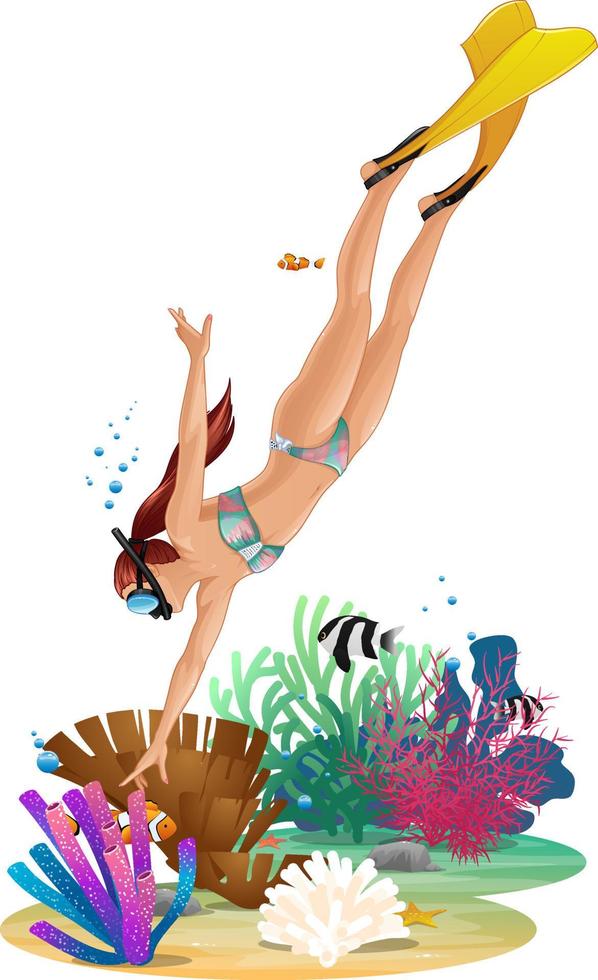 jeune femme en bikini plongée en apnée autour des récifs coralliens avec des poissons. illustration vectorielle vecteur