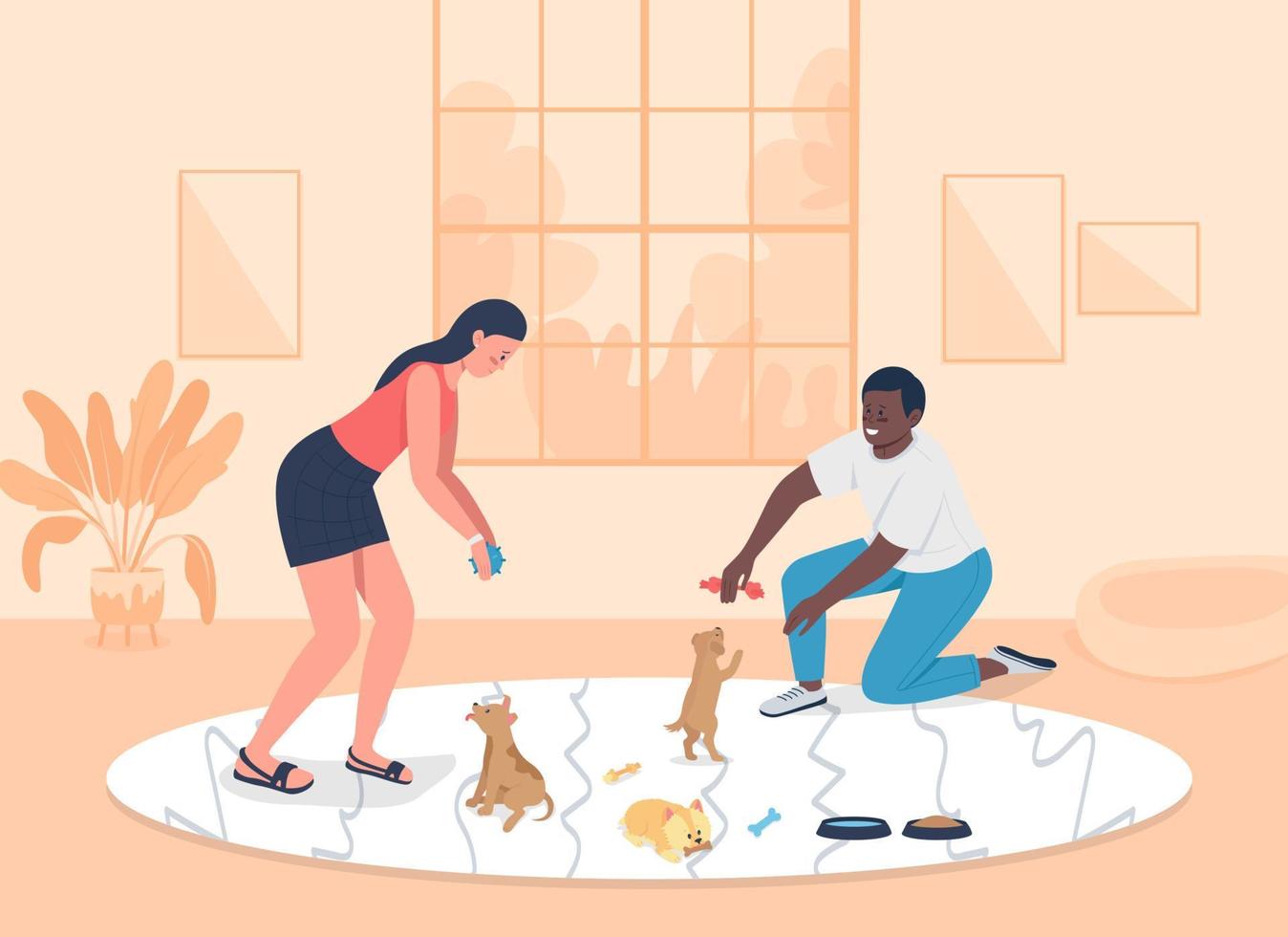 adopter une illustration vectorielle de couleur plate pour chiots. femme et homme jouant avec des chiens sauvés dans un appartement. soins aux animaux. quelques personnages de dessins animés 2d avec un intérieur de maison confortable orange sur fond vecteur