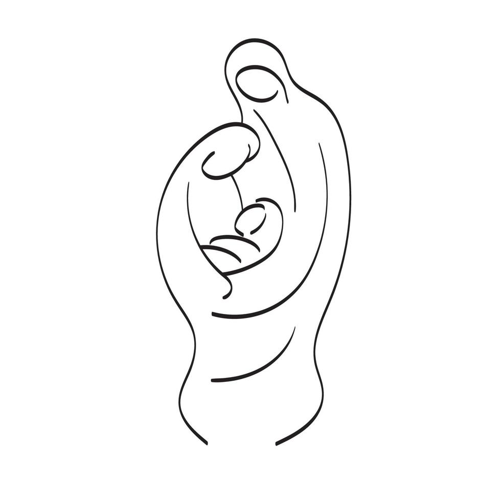 histoire de la nativité noël avec marie, joseph et bébé jésus lignes dessinées à la main illustration vecteur