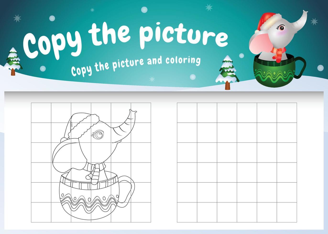 copiez le jeu d'enfants et la page à colorier avec un éléphant mignon sur la tasse vecteur