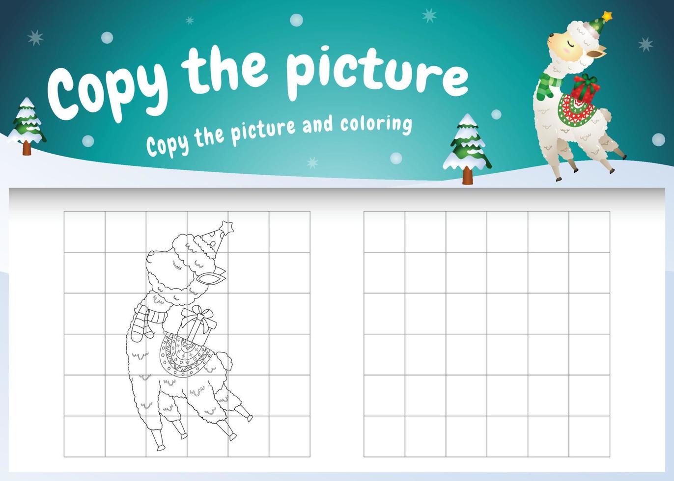 copiez le jeu d'enfants et la page à colorier avec un alpaga mignon utilisant un costume de noël vecteur