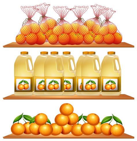 Oranges fraîches et jus sur les étagères vecteur