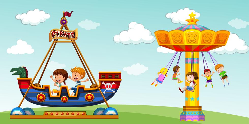 Enfants sur un bateau de pirate et balançoire vecteur