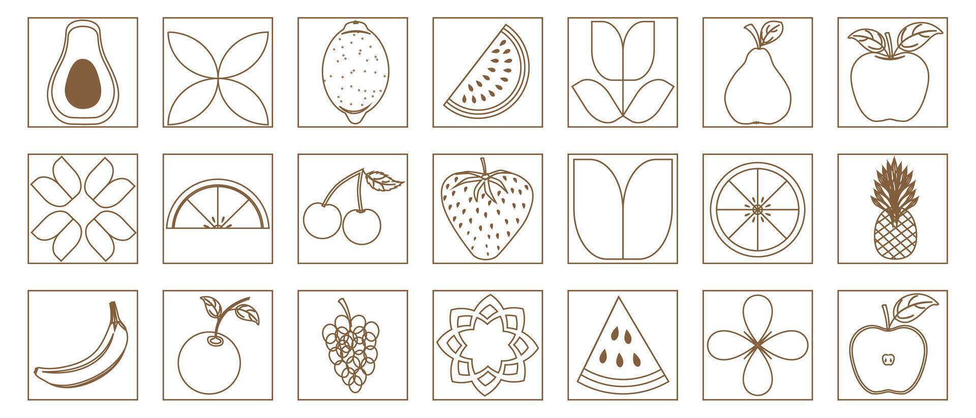 géométrique mosaïque avec des fruits et fleurs. fruit vecteur mosaïque. blanc et marron vecteur plat fruit dessins contour géométrique mosaïque bannière. à la mode conception pour bannière, carte, couverture, affiche, fond d'écran.