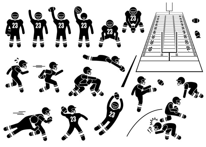 Actions de joueur de football américain pose des icônes de pictogramme de bonhomme allumette. vecteur
