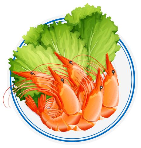 Crevettes cuites et légumes sur assiette vecteur