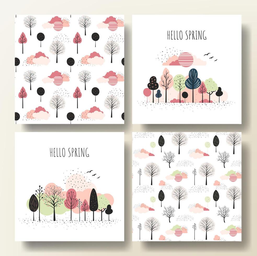 ensemble de printemps cartes et motifs avec Fée des arbres. printemps des arbres minimaliste style. dessin animé fantaisie des arbres vecteur