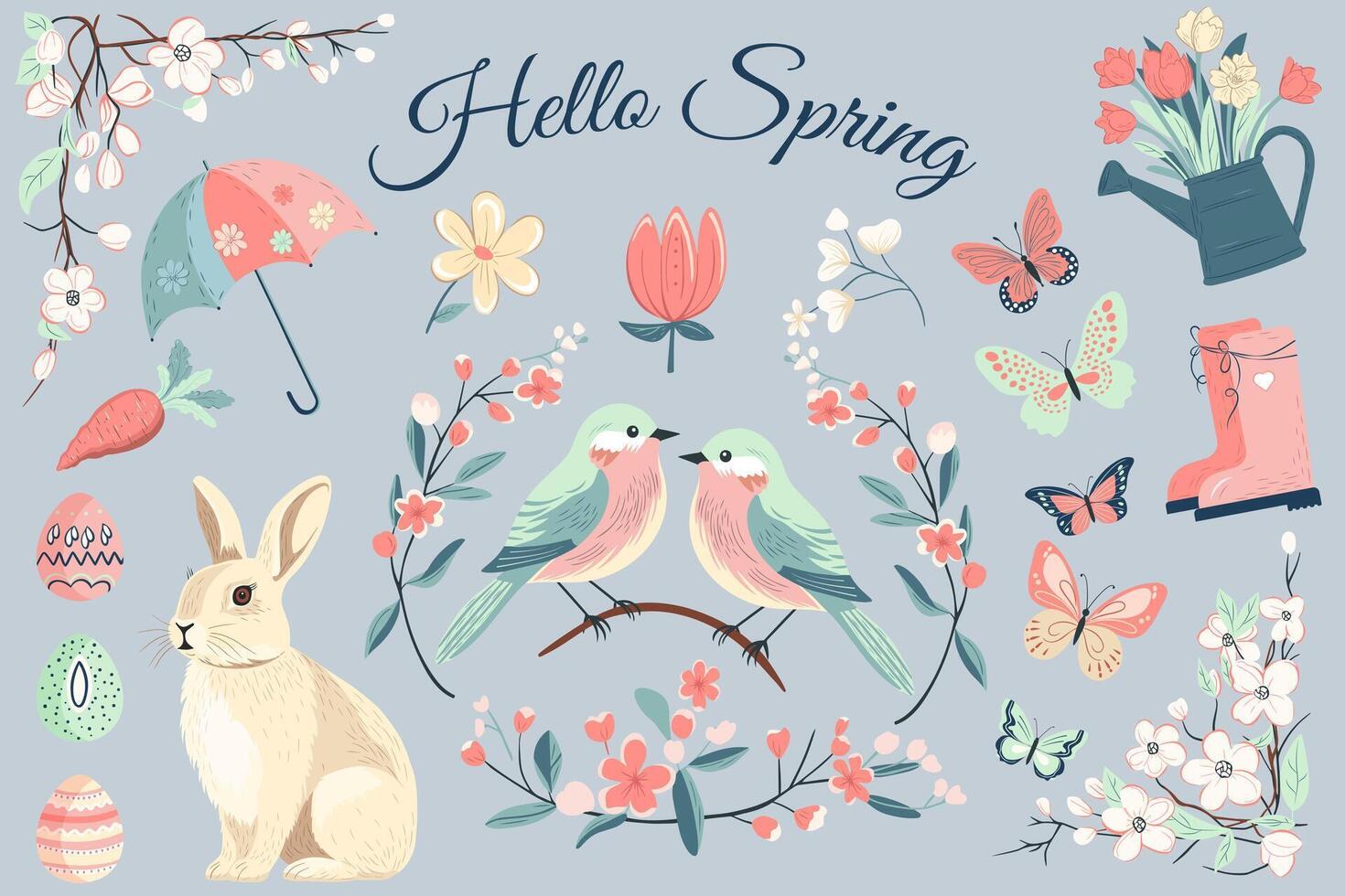 printemps collection. main tiré printemps éléments fleurs, oiseau, lapin. vecteur illustration. branché printemps conception