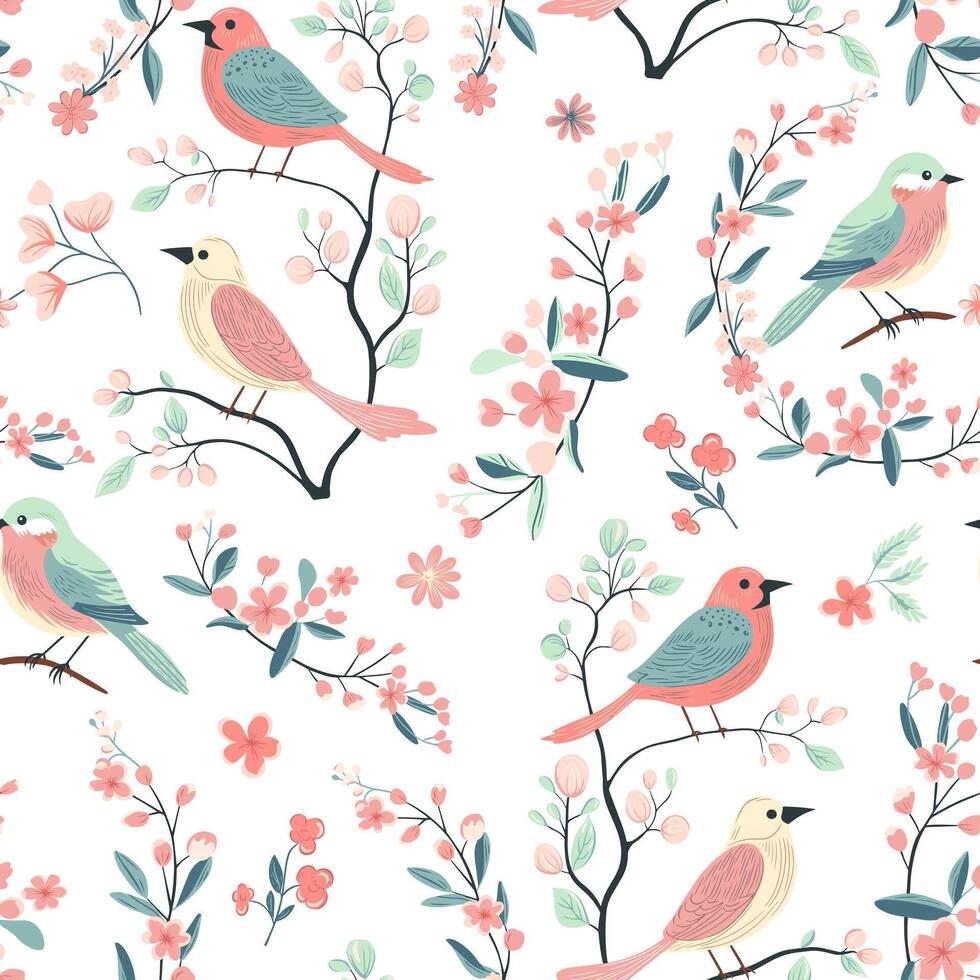 vecteur sans couture modèle avec mignonne des oiseaux et fleurs. printemps arrière-plans. main tiré populaire imprimer.