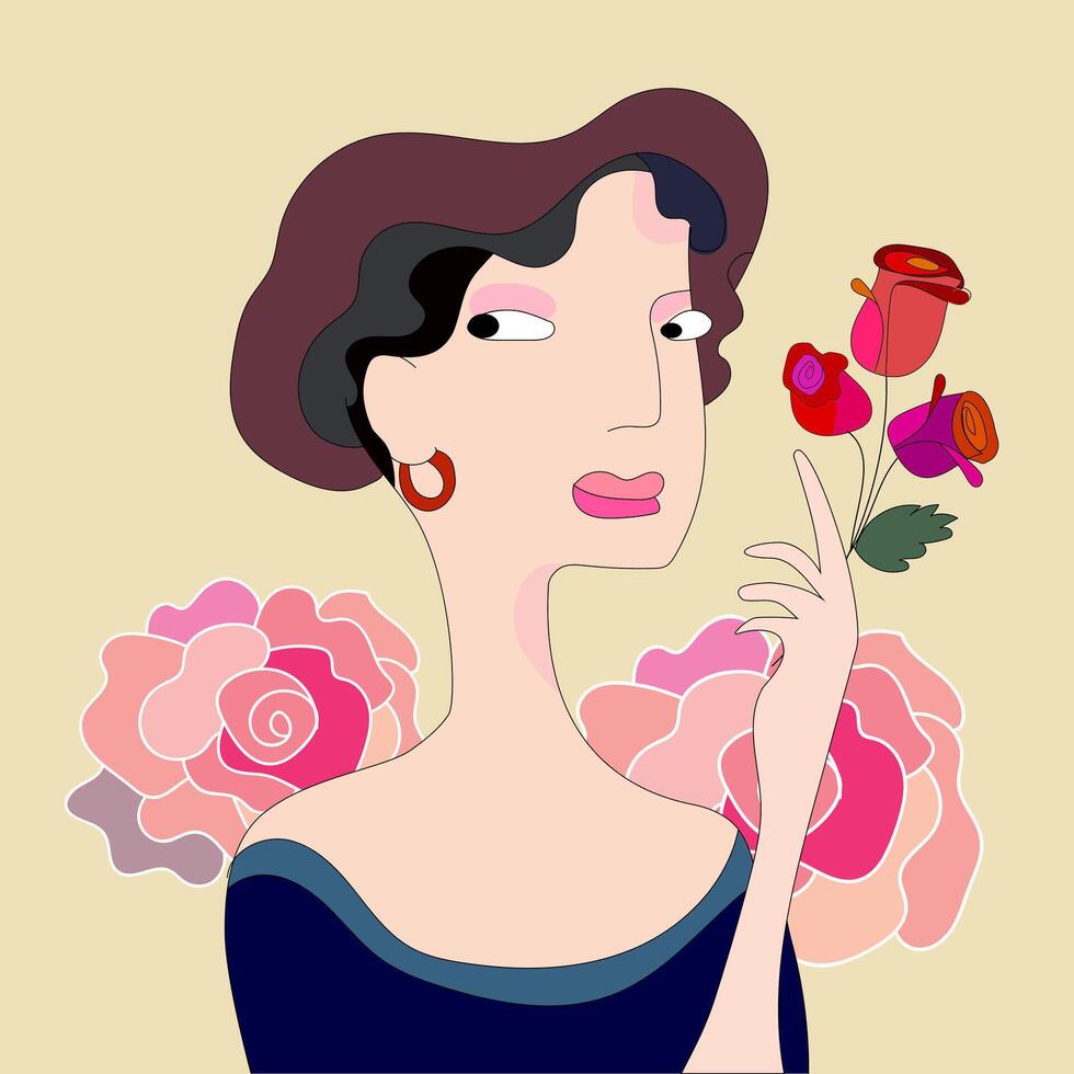 une magnifique illustration avec une femme avec Rose rouge rose fleurs, exsudant une sens de été charme et féminin la grâce et Valentin vecteur