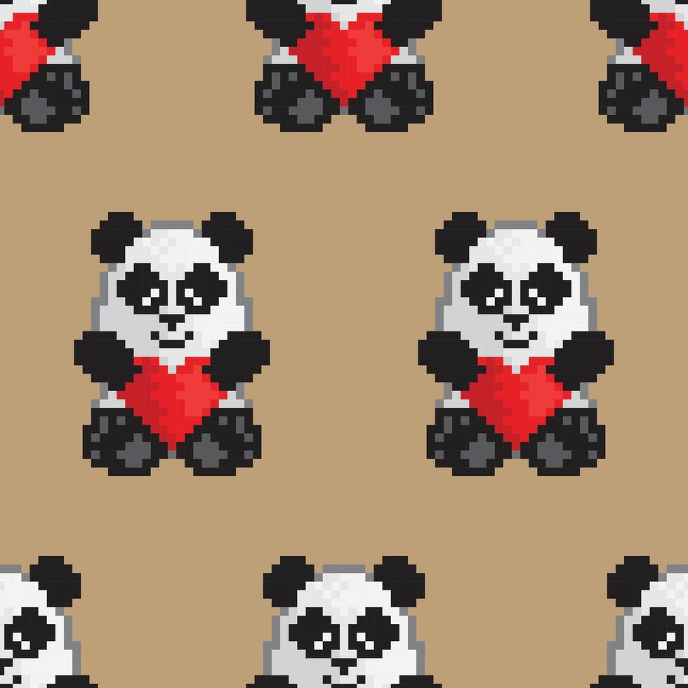 vecteur sans couture modèle de une jouet Panda ours en portant une rouge cœur. pixel art style