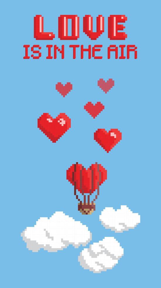 valentines journée salutation carte avec une en forme de coeur ballon dans le ciel. pixel art style vecteur