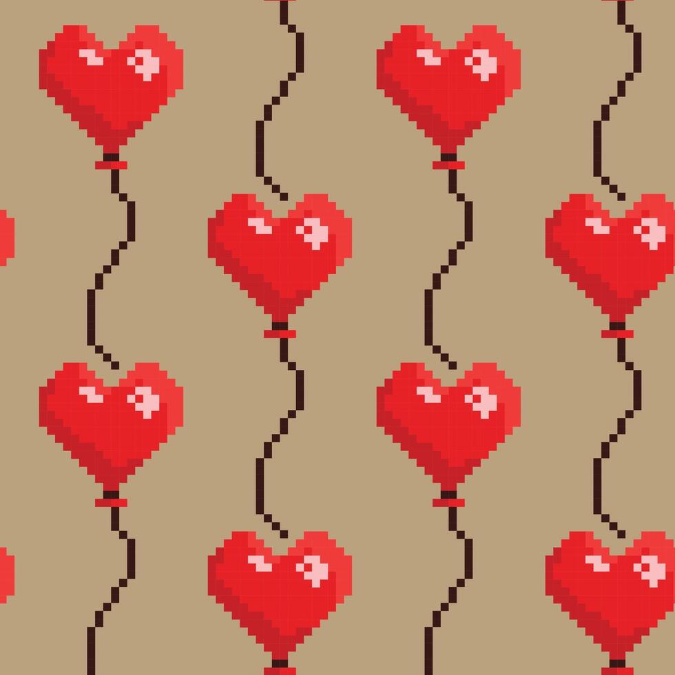 vecteur sans couture crépiter avec cœur en forme de rouge des ballons sur biege arrière-plan. pixel art style