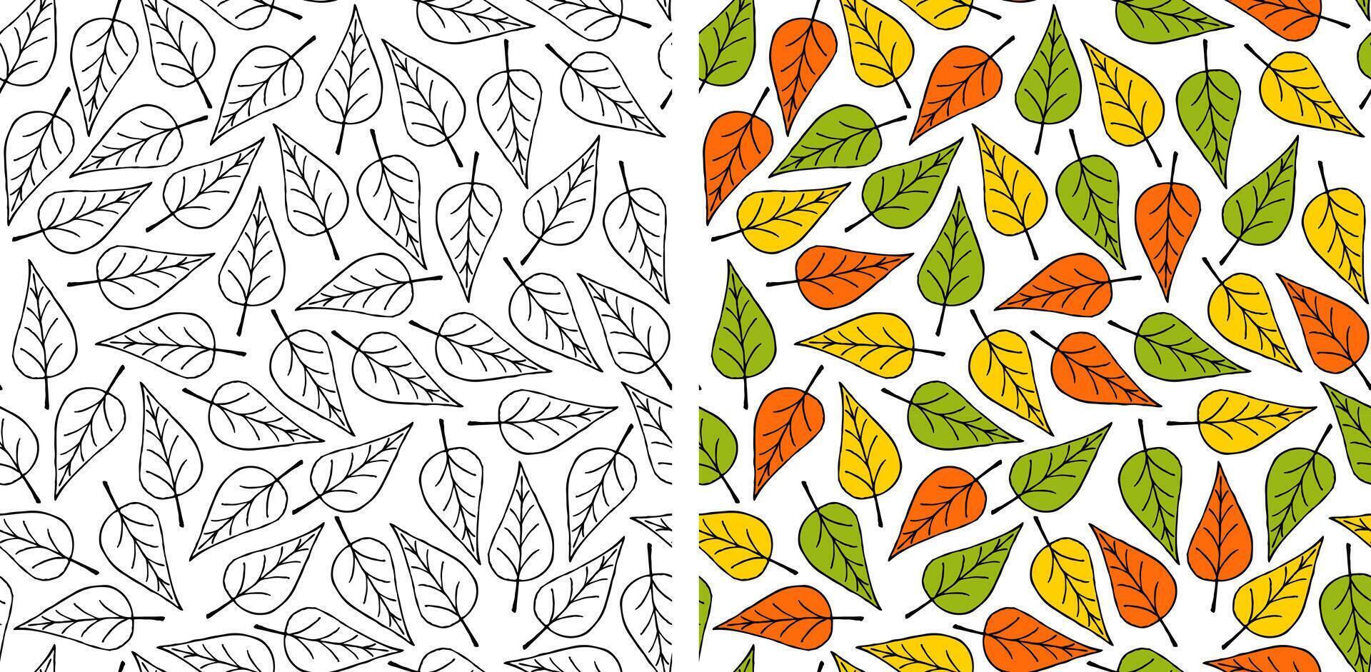 en volant et chute l'automne feuilles. anti stress coloration page pour adultes et les enfants. sans couture modèle avec feuilles pour coloration. blanc Contexte. vecteur illustration